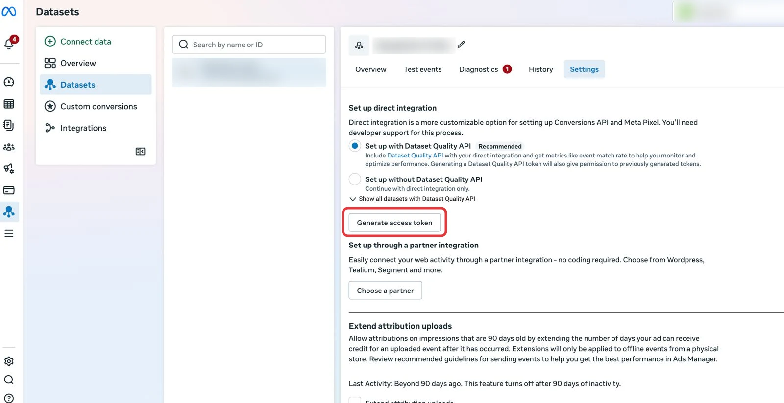 Events Manager, pixel Settings tab, with the Generate access token button outlined in red