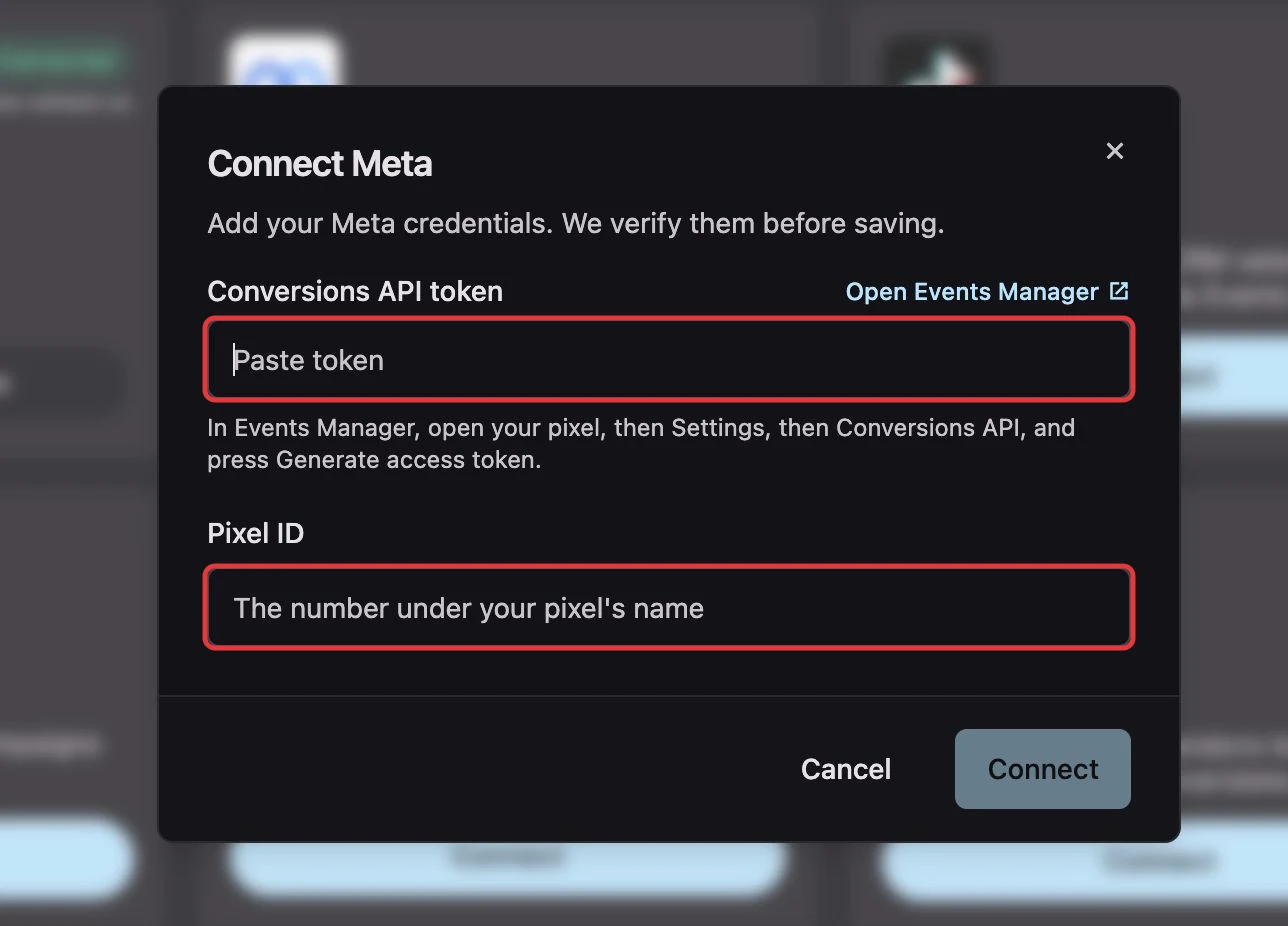 The Connect Meta dialog in DataCops with the token and Pixel ID fields outlined in red